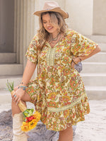 Curvy Printed Tie Neck Short Sleeve Mini Dress