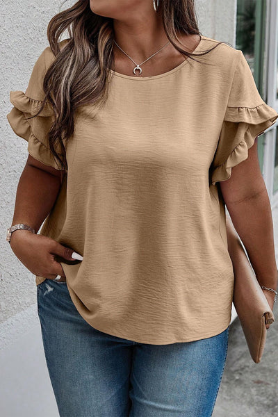 Ruffled Petal Sleeve Round Neck T-Shirt