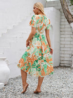 Printed V-Neck Short Sleeve Midi Dress