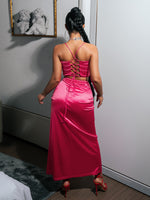 Lace-Up Satin Cropped Cami and Ruched Slit Skirt Set