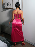 Lace-Up Satin Cropped Cami and Ruched Slit Skirt Set