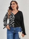 Curvy Geometric V-Neck Long Sleeve T-Shirt