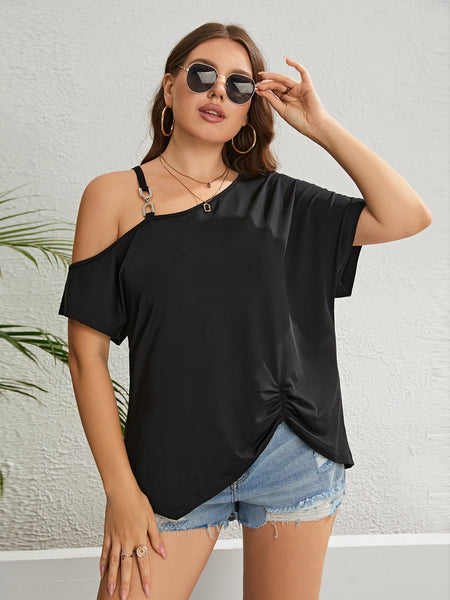 Asymmetrical Neck Ruched Short Sleeve Blouse