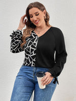 Curvy Geometric V-Neck Long Sleeve T-Shirt
