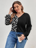 Curvy Geometric V-Neck Long Sleeve T-Shirt