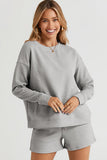 On Time Textured Long Sleeve Top and Drawstring Shorts Set