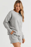 On Time Textured Long Sleeve Top and Drawstring Shorts Set