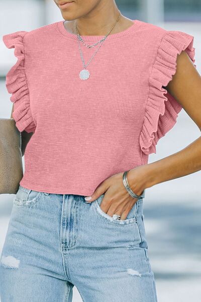 Ruffled Round Neck Cap Sleeve Blouse