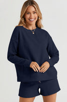 On Time Textured Long Sleeve Top and Drawstring Shorts Set