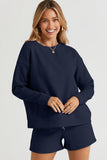 On Time Textured Long Sleeve Top and Drawstring Shorts Set