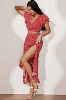 Printed Flutter Sleeve Crop Top and Ruffle Hem Slit Skirt