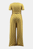 Plus Size Polka Dot Round Neck Top and Wide Leg Pants Set