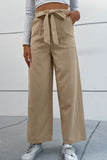 Button Fly Belted Wide Leg Pants with Pockets