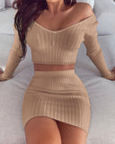 V-neck off shoulder long sleeve knitted top and short skirt