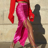 Drawcord wrinkled split zipper slim skirt