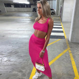Knitted vest exposed navel short top set slim fit solid color high waist skirt two-piece set
