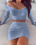 V-neck off shoulder long sleeve knitted top and short skirt