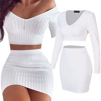 V-neck off shoulder long sleeve knitted top and short skirt