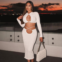 Sexy hollow out long sleeve top slim hip Skirt Set