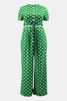 Plus Size Polka Dot Round Neck Top and Wide Leg Pants Set