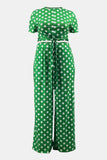 Plus Size Polka Dot Round Neck Top and Wide Leg Pants Set