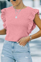 Ruffled Round Neck Cap Sleeve Blouse