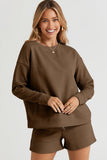 On Time Textured Long Sleeve Top and Drawstring Shorts Set