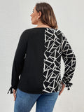 Curvy Geometric V-Neck Long Sleeve T-Shirt
